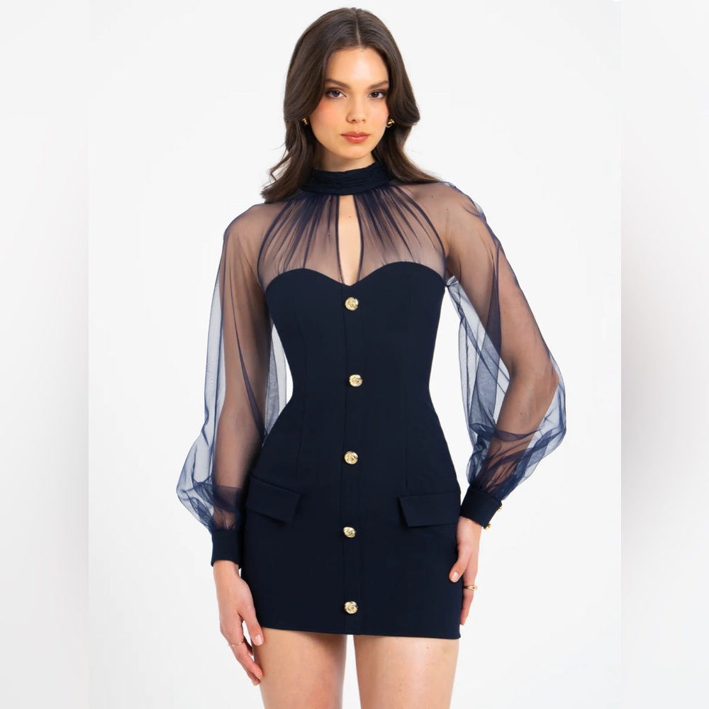 Tabitha Navy Blue Mesh Lantern Sleeve Mini Dress